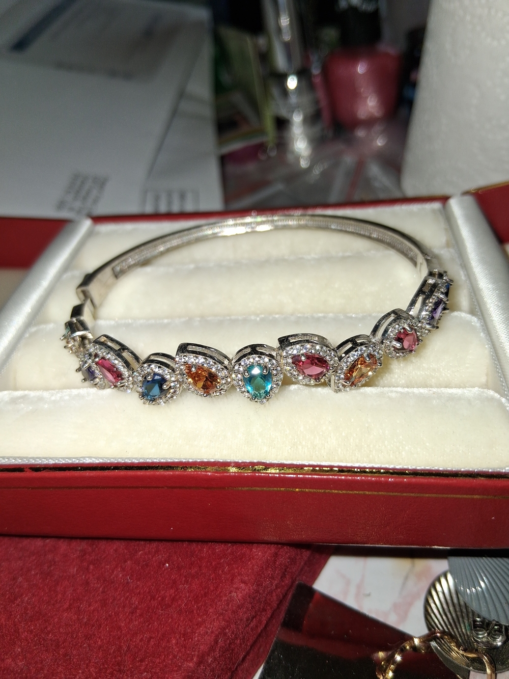 925 Multi-Color Crystal Halo Bangle Bracelet - Women Jewelry